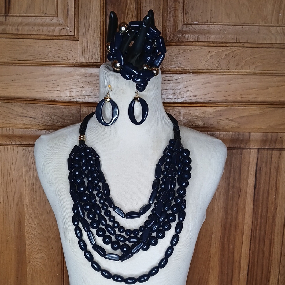 Chico's Navy Blue and Gold Layered Necklace Set 3pc
